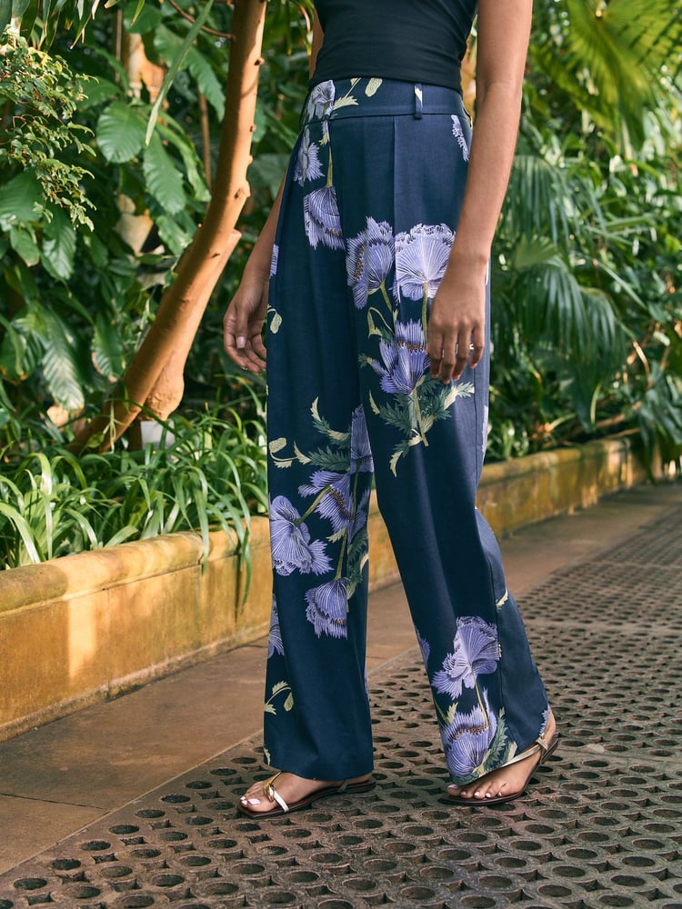 Navy Floral Kew Gardens Wide Leg Trousers with Linen - Image 2 of 4