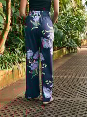 Navy Floral Kew Gardens Wide Leg Trousers with Linen - Image 3 of 4