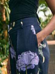 Navy Floral Kew Gardens Wide Leg Trousers with Linen - Image 4 of 4