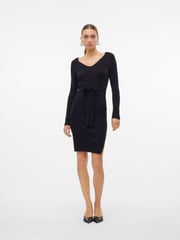 VERO MODA Black Long Sleeve V-Neck Belted Rib Dress - Image 1 of 7