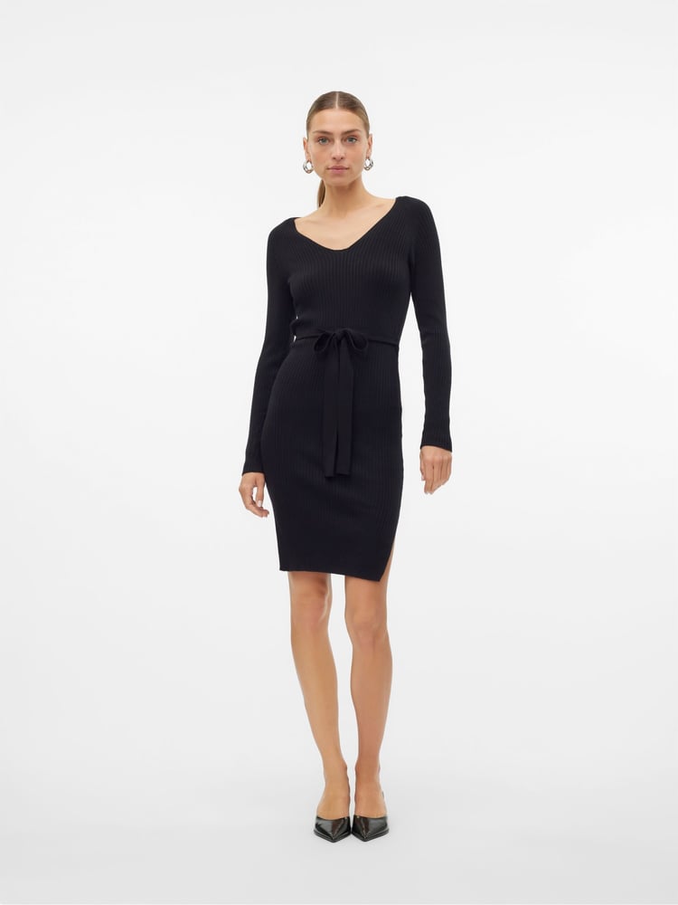 VERO MODA Black Long Sleeve V-Neck Belted Rib Dress - Image 1 of 7