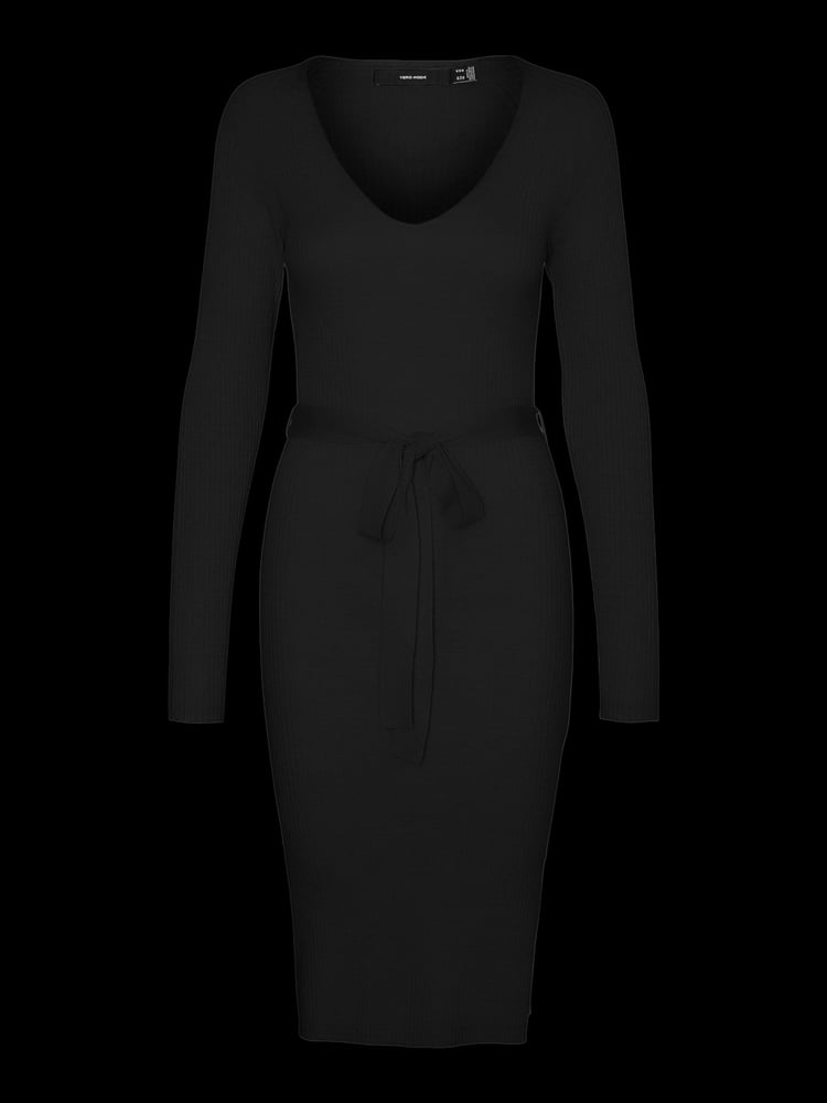 VERO MODA Black Long Sleeve V-Neck Belted Rib Dress - Image 7 of 7