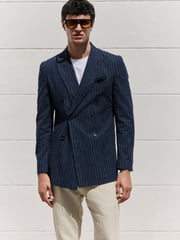 Navy Blue Regular Fit Linen Blend Stripe Double Breasted Blazer - Image 1 of 12
