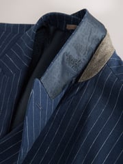 Navy Blue Regular Fit Linen Blend Stripe Double Breasted Blazer - Image 10 of 12