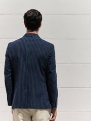 Navy Blue Regular Fit Linen Blend Stripe Double Breasted Blazer - Image 3 of 12