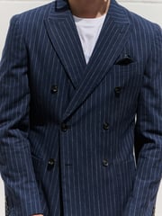 Navy Blue Regular Fit Linen Blend Stripe Double Breasted Blazer - Image 4 of 12
