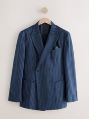 Navy Blue Regular Fit Linen Blend Stripe Double Breasted Blazer - Image 6 of 12