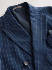 Navy Blue Regular Fit Linen Blend Stripe Double Breasted Blazer - Image 8 of 12