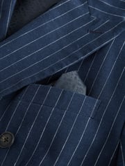 Navy Blue Regular Fit Linen Blend Stripe Double Breasted Blazer - Image 9 of 12
