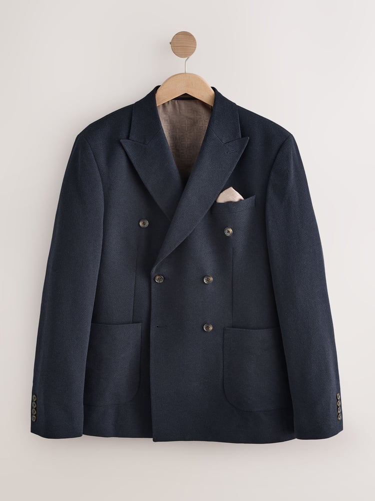 Navy Blue Regular Fit Signature Nova Fides Italian Fabric Textured Double Breasted Blazer - Image 1 of 7