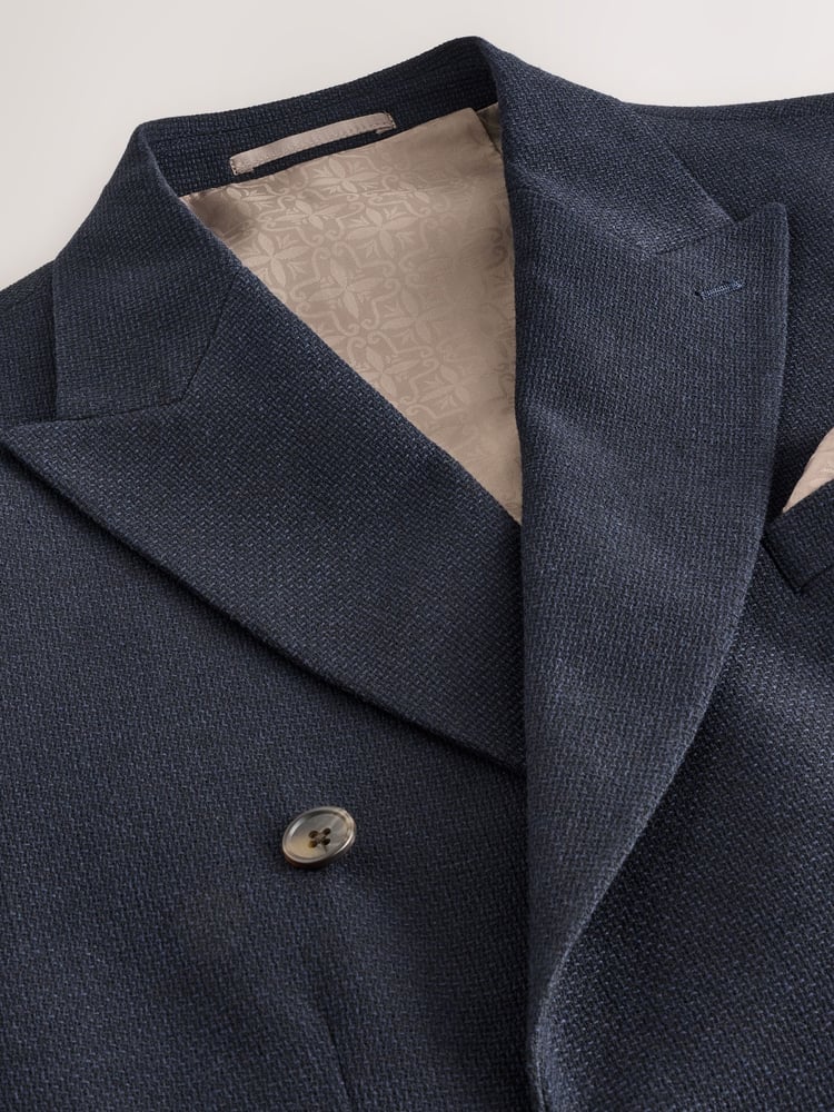 Navy Blue Regular Fit Signature Nova Fides Italian Fabric Textured Double Breasted Blazer - Image 2 of 7