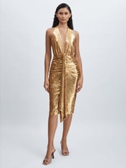 Halston Gold Sequin Halterneck Plunge Dress - Image 1 of 6