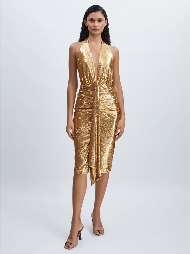 Halston Gold Sequin Halterneck Plunge Dress - Image 1 of 6