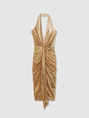 Halston Gold Sequin Halterneck Plunge Dress - Image 2 of 6