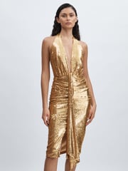 Halston Gold Sequin Halterneck Plunge Dress - Image 3 of 6