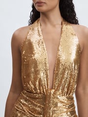 Halston Gold Sequin Halterneck Plunge Dress - Image 4 of 6