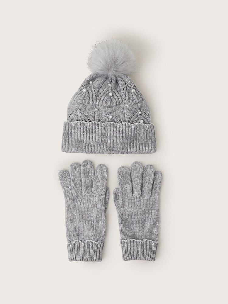 Monsoon Grey Rosa Scallop Hat and Gloves Set - Image 1 of 3 Monsoon Grey Rosa Scallop Hat and Gloves Set - Image 1 of 3