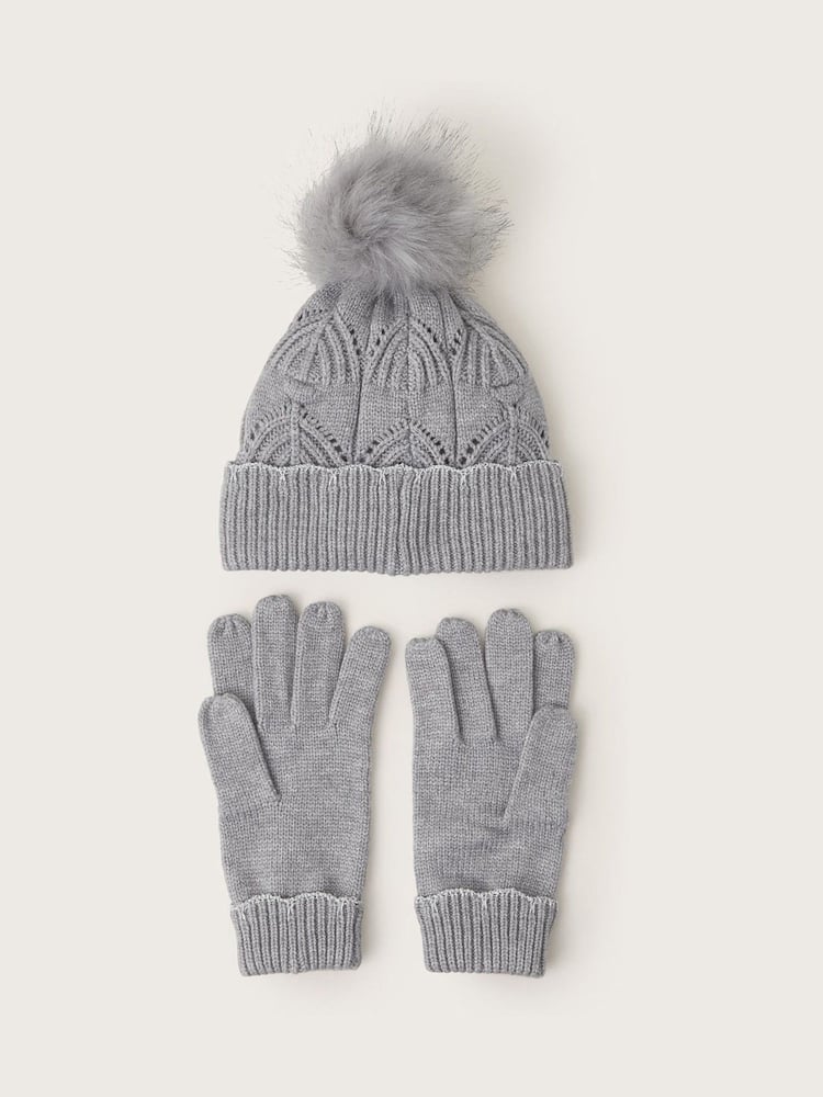 Monsoon Grey Rosa Scallop Hat and Gloves Set - Image 2 of 3 Monsoon Grey Rosa Scallop Hat and Gloves Set - Image 2 of 3