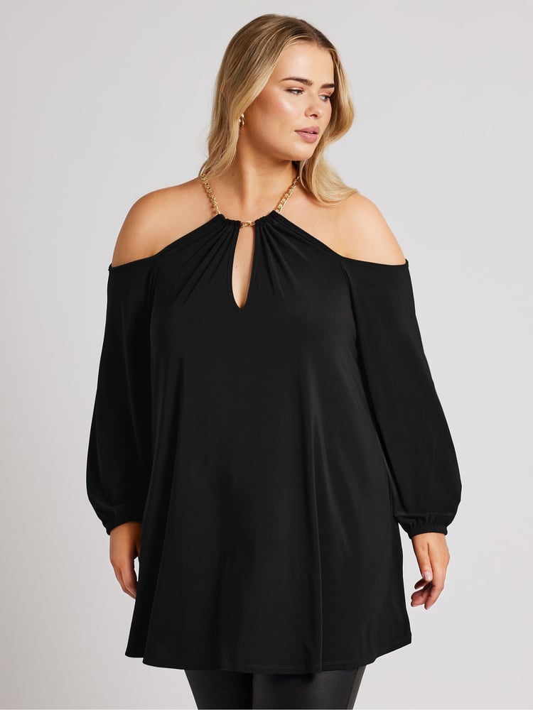 Yours Curve Black London Chain Halter Cold Shoulder Long Sleeve Top - Image 1 of 9