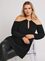 Yours Curve Black London Chain Halter Cold Shoulder Long Sleeve Top - Image 3 of 9