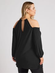 Yours Curve Black London Chain Halter Cold Shoulder Long Sleeve Top - Image 4 of 9