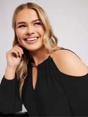 Yours Curve Black London Chain Halter Cold Shoulder Long Sleeve Top - Image 6 of 9