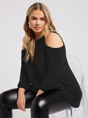 Yours Curve Black London Chain Halter Cold Shoulder Long Sleeve Top - Image 7 of 9
