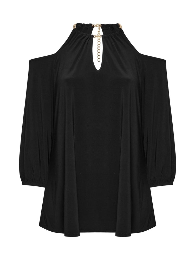 Yours Curve Black London Chain Halter Cold Shoulder Long Sleeve Top - Image 9 of 9