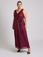 Yours Curve Red London Sequin V-Neck Maxi Dress - Image 1 of 5