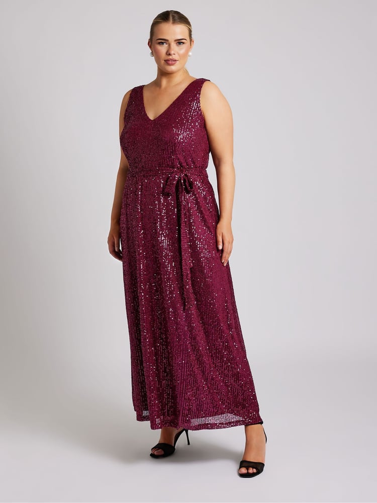 Yours Curve Red London Sequin V-Neck Maxi Dress - Image 1 of 5