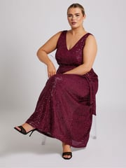 Yours Curve Red London Sequin V-Neck Maxi Dress - Image 2 of 5