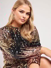Yours Curve Black/Gold London Sequin Ombre Shift Longsleeve Dress - Image 5 of 6