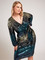 Yours Curve Blue & Gold London Sequin Ombre Wrap Dress - Image 3 of 6
