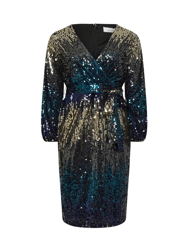 Yours Curve Blue & Gold London Sequin Ombre Wrap Dress - Image 6 of 6