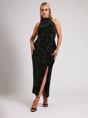 Yours Curve Black London Sequin Velvet Choker Dress - Image 2 of 5