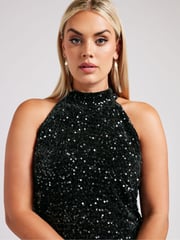 Yours Curve Black London Sequin Velvet Choker Dress - Image 4 of 5