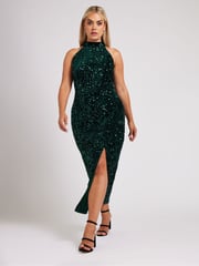 Yours Curve Green London Sequin Velvet Choker Dress - Image 4 of 6