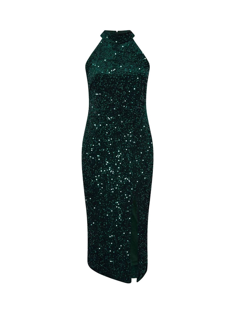Yours Curve Green London Sequin Velvet Choker Dress - Image 6 of 6