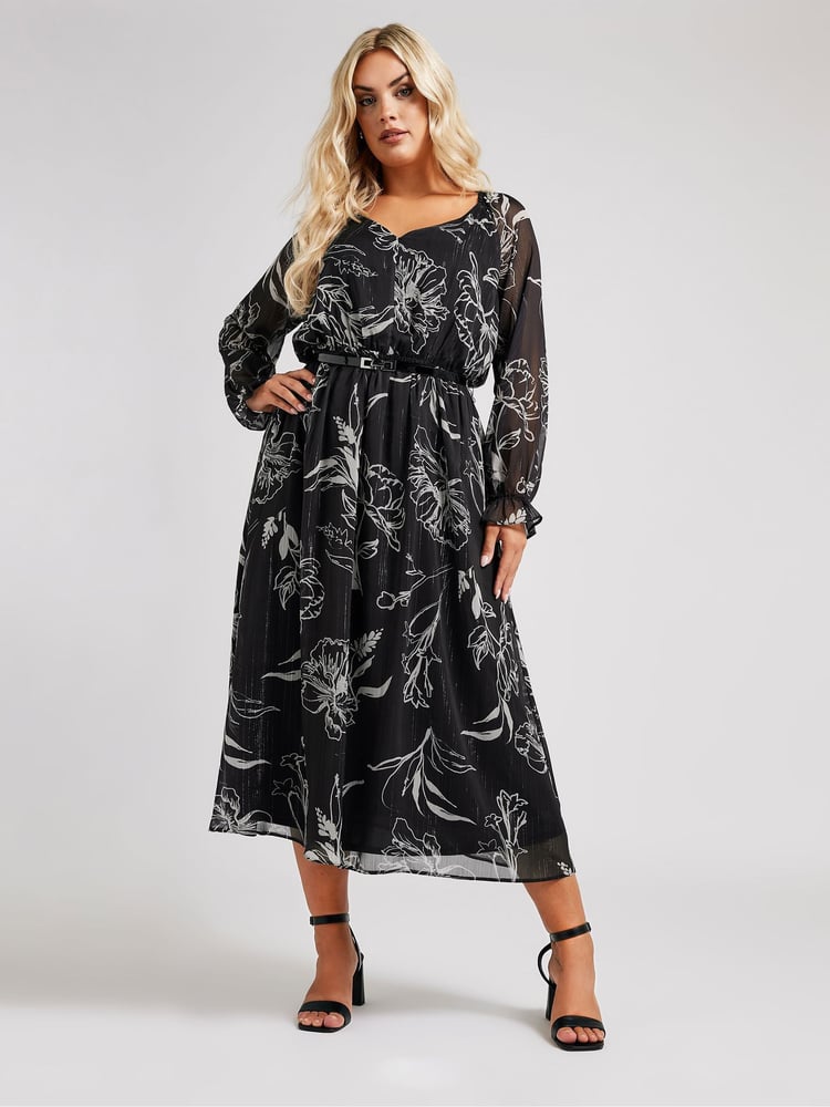 Yours Curve Black London Dress With PU Belt - Image 1 of 6