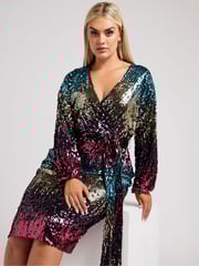 Yours Curve Blue/Pink/Gold London Sequin Ombre Wrap Dress - Image 2 of 5