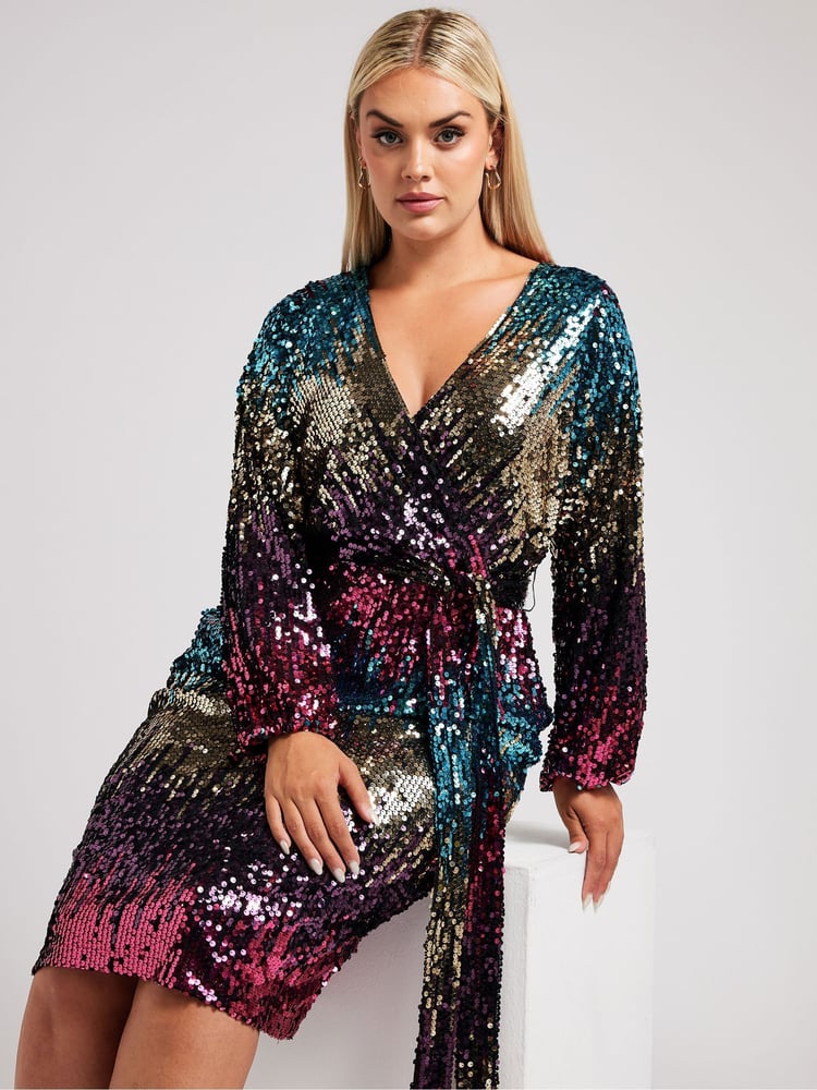 Yours Curve Blue/Pink/Gold London Sequin Ombre Wrap Dress - Image 2 of 5