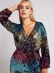 Yours Curve Blue/Pink/Gold London Sequin Ombre Wrap Dress - Image 4 of 5