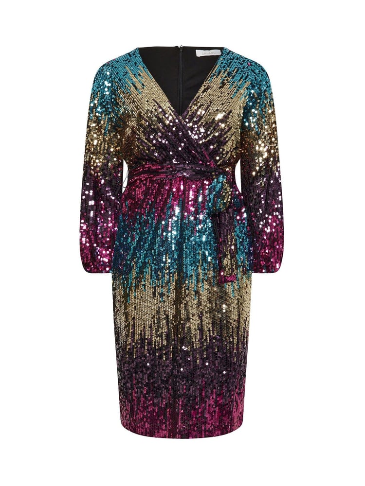 Yours Curve Blue/Pink/Gold London Sequin Ombre Wrap Dress - Image 5 of 5
