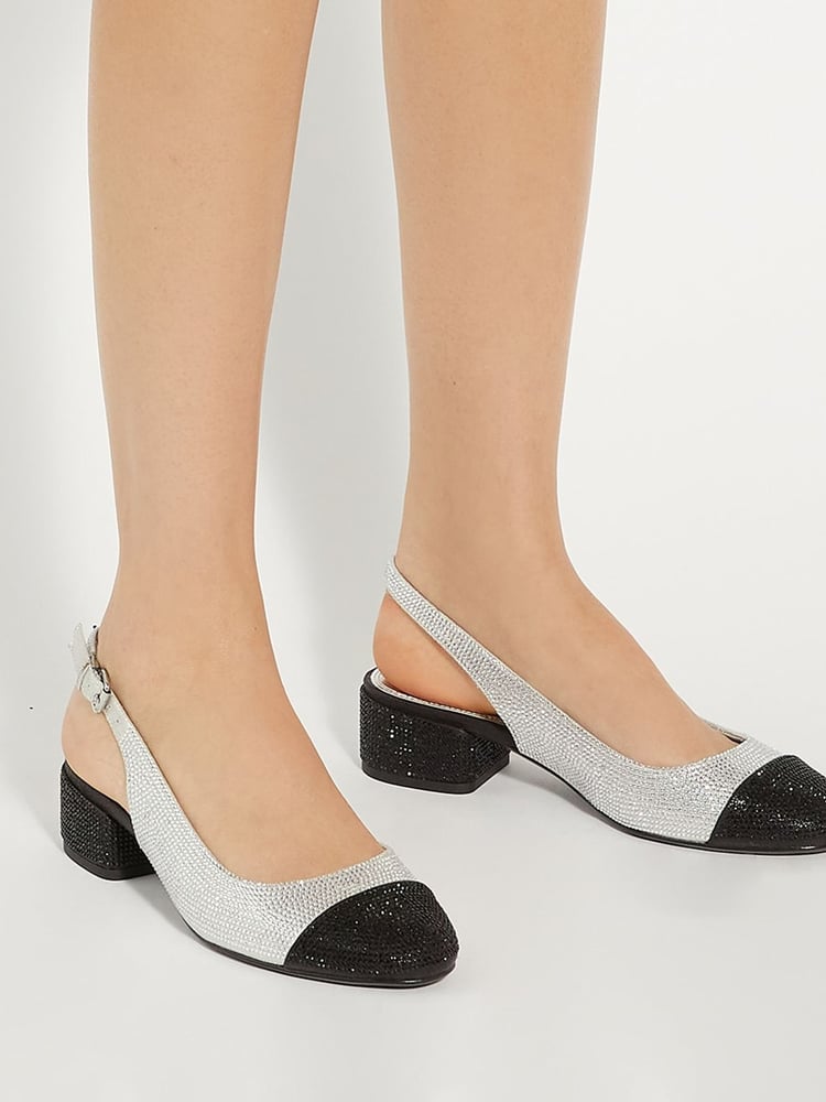 Dune London Silver/Black Casing Sling Back Block Heel Sandals - Image 1 of 6