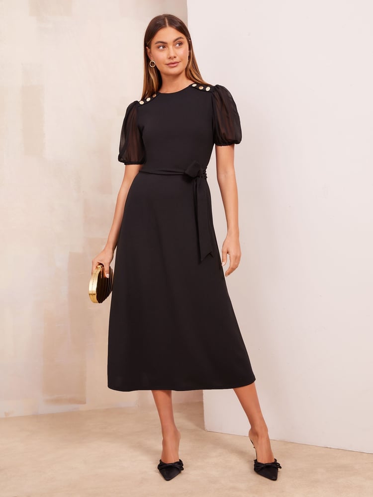 Friends Like These Black Petite Chiffon Puff Sleeve Tie Belt Midi Dress - Image 1 of 4