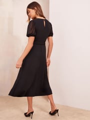 Friends Like These Black Petite Chiffon Puff Sleeve Tie Belt Midi Dress - Image 4 of 4