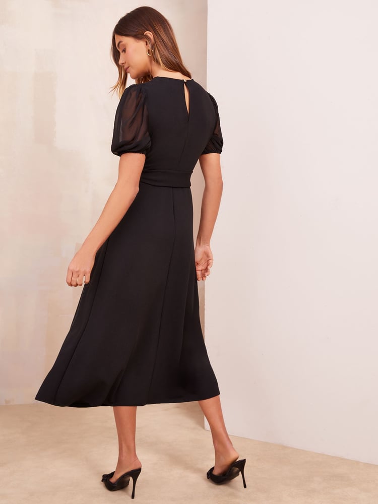 Friends Like These Black Petite Chiffon Puff Sleeve Tie Belt Midi Dress - Image 4 of 4
