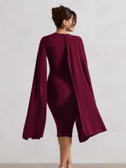 Club L London Burgundy Red Marysol Asymmetric  Cape Midi Dress - Image 2 of 6