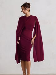 Club L London Burgundy Red Marysol Asymmetric  Cape Midi Dress - Image 4 of 6