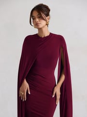 Club L London Burgundy Red Marysol Asymmetric  Cape Midi Dress - Image 5 of 6